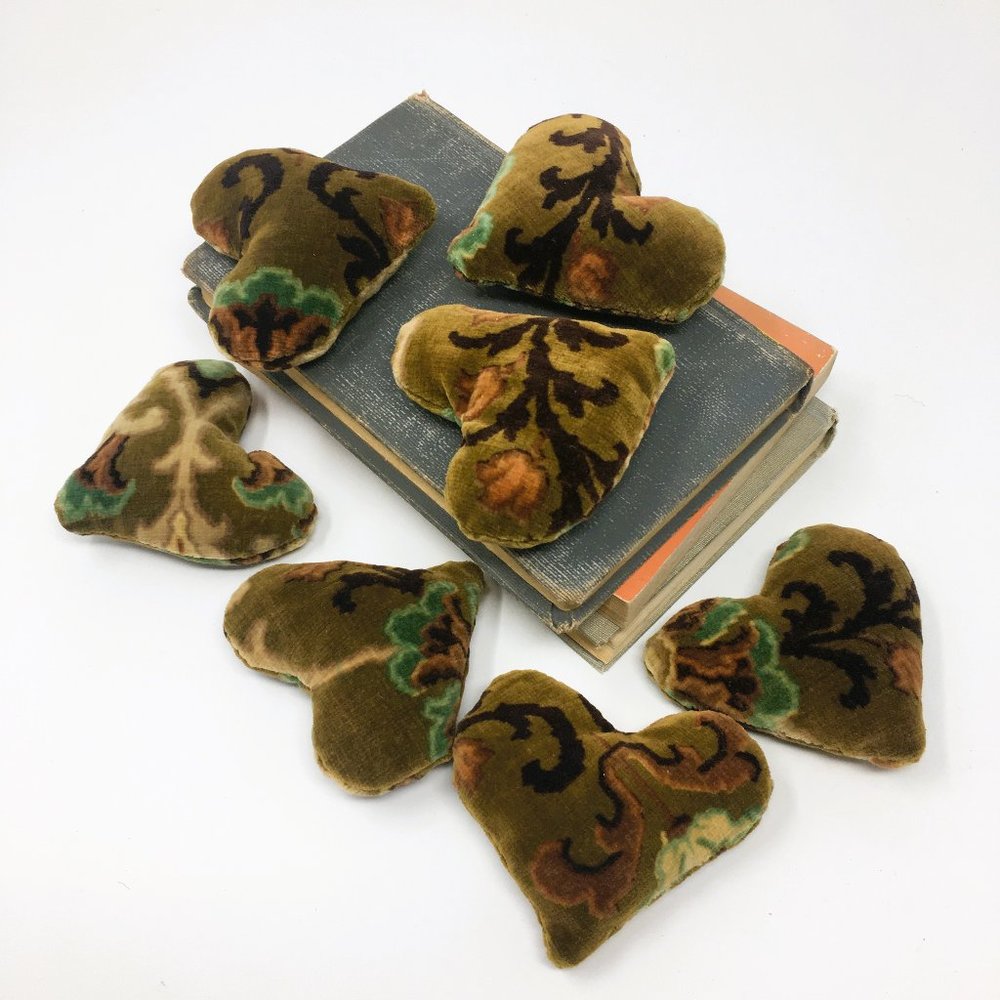 Handmade Seven Vintage Yellow Ochre Velour Baroque Floral Stuffed Hearts Decor